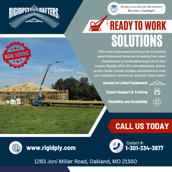 Business Spotlight 
Rigidply Rafters
“With roots in the manufacturing of Glu-Laminated wood timbers and known as the leading East-coast manufacturer of metal-plated wood roof & floor trusses, Rigidply offers Glu-Laminated posts, beams, arches, timber trusses, bridges, and pavilions to meet your residential, commercial, and post-frame needs”
